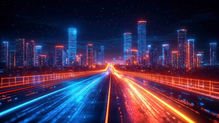 Obraz premium Futuristic city skyline at night with glowing highway.