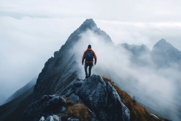 Hiker navigating a misty mountain ridge, embracing the challenges of wild nature and savoring the freedom of outdoor exploration