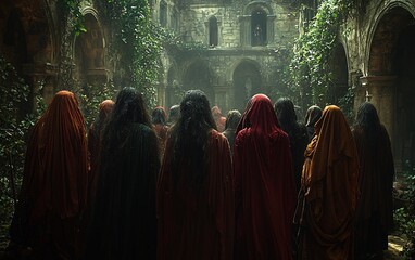 Naklejka premium Mysterious women in cloaks gather in ancient ruins.