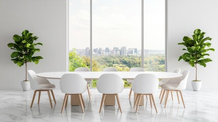 Fototapeta premium Modern minimalist conference room with a white oval table and chairs overlooking a city skyline during the day.