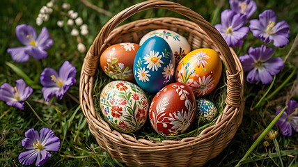 Fototapeta premium Traditional Hand-Painted Easter Eggs in Rustic Setting