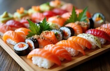 Wooden tray loaded with various sushi types. Different kinds of fish like salmon, tuna visible. Rice, ingredients create colorful, delicious looking dishes. Traditional Japanese cuisine displayed in