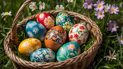 Fototapeta premium Traditional Hand-Painted Easter Eggs in Rustic Setting