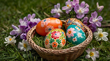 Fototapeta premium Traditional Hand-Painted Easter Eggs in Rustic Setting