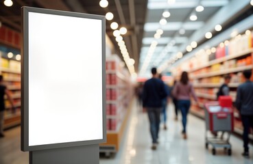 Obraz premium Vertical display in retail hypermarket. Blank advertisement panel. Shoppers walk by. Modern retail environment. Great for marketing, communication. Digital AI advertising. Interactive tech. Design