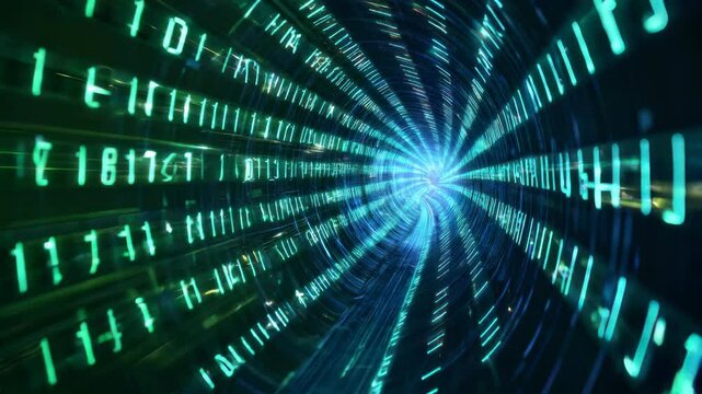 Futuristic digital tunnel with glowing binary code representing data flow.