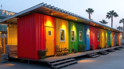 Colorful shipping container building at dusk.