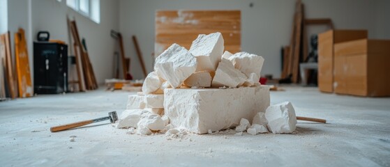 A pile of white chunks of plaster sits on a concrete floor, with two hammers nearby.