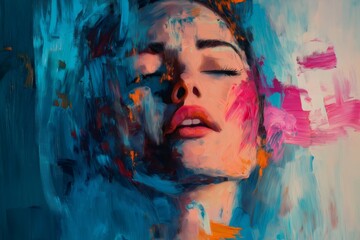 Expressive brushstrokes depicting a serene woman with closed eyes, her face conveying a sense of tranquility and introspection