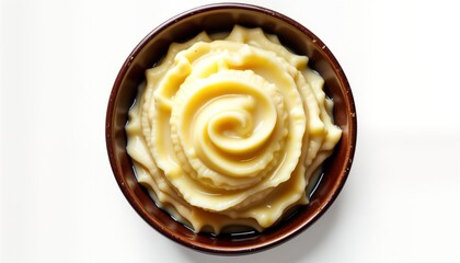 Creamy mashed potatoes in brown bowl presented on white background. Potatoes smooth, fluffy. Bowl rustic. Delicious comfort food. Appetizing dish perfect for cozy dinner simple side dish. Wholesome,
