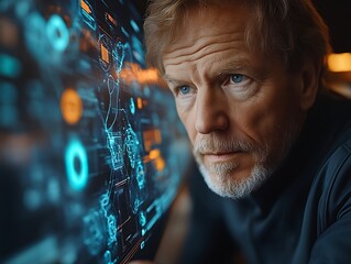 Senior man analyzing futuristic interface.