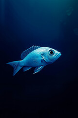 Fototapeta premium A blue fish swimming in the dark blue water