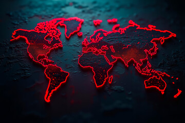 A red world map on a black background