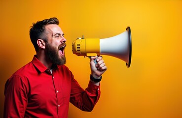 Man wearing red shirt shouts into yellow megaphone against orange background. Man beard, expression shows loud communication. Scene conveys strong message announcement. Image suits concepts like