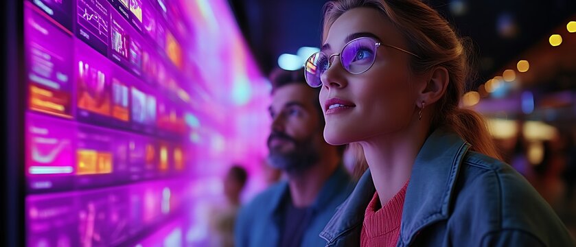 Couple viewing futuristic data display. - Powered by Adobe