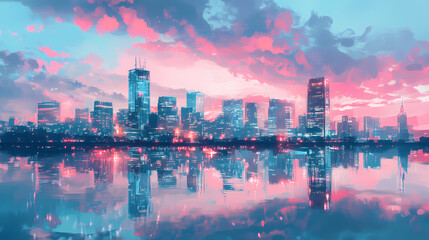 Fototapeta premium A cityscape reflected in a river under an azure dusk sky, with soft pink hues blending into the horizon. Sapphire River. Illustration