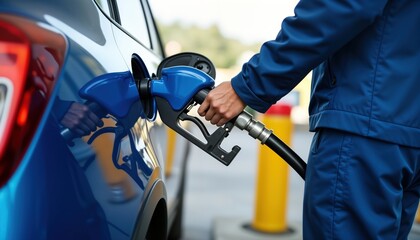 Person refuels blue car at gas station. Driver fills vehicle with diesel fuel. Fueling process ensures engine readiness, vehicle performance. Guarantees safe driving. Efficient, dependable fueling.