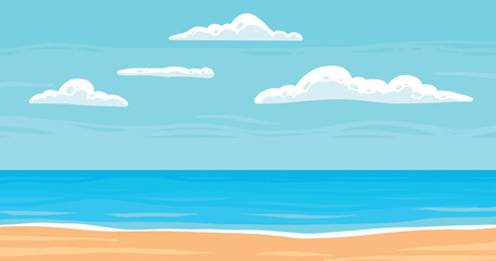 Cartoon summer beach. Paradise nature vacation, ocean or sea seashore. Seaside landscape, tropical beach relax or seaside landscape. Vector background illustration