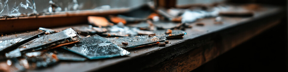 Shattered Glass Fragments on Wooden Surface