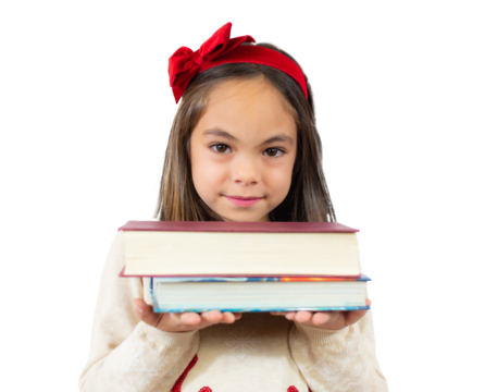 Portrait pretty little girl holding books over transparent background. PNG transparent.