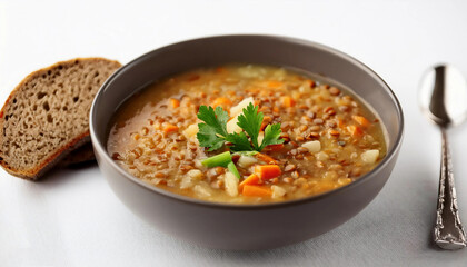 A hearty bowl of lentil soup with tender carrots, celery, and fresh parsley, served with a slice of whole-grain bread on a clean white background. Ideal for plant-based recipes, or wellness content
