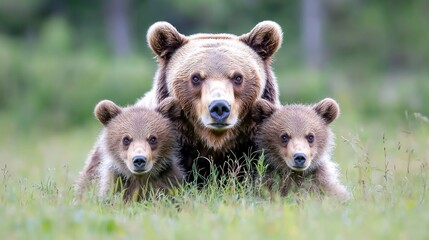 Obraz premium Brown bear mother and cubs in forest clearing