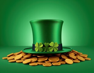 Green top hat decorated with shamrocks surrounded by gold coins on a green background celebrating St. Patrick's Day festivities