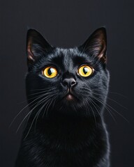 Close-up portrait of a black cat with bright yellow eyes