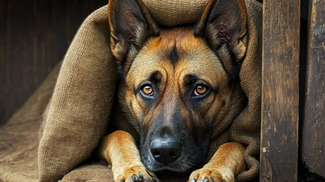 Dog resting inside a blanket with soulful eyes looking up at the viewer in a cozy, rustic setting