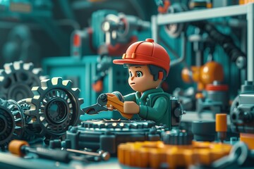 Fototapeta premium A young boy works diligently in a colorful mechanical workshop with intricate gears.