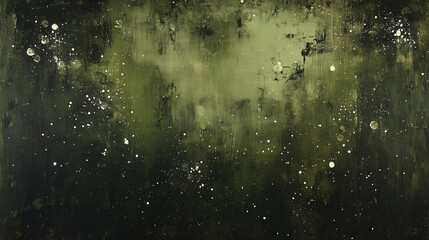 Obraz premium A banner of A dark olive green backdrop with distressed black texture. White particles float across like faint glimmers of starlight, creating a serene yet slightly mysterious ambiance.