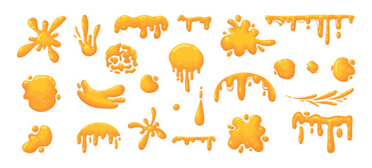 Cartoon honey splashes. Sweet syrup dripping spots, melting liquid honey spots flat vector illustration set. Sticky honey drops on white background