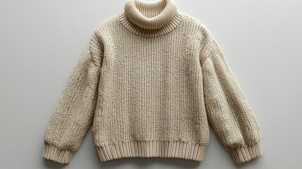 Cozy cream sweater displayed on a neutral background, showcasing its textured knit and stylish turtleneck design