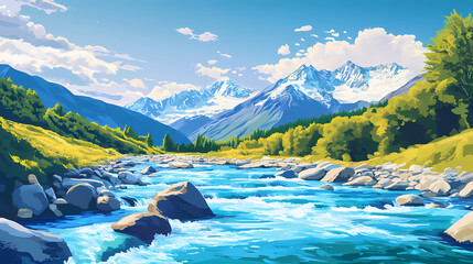 Azure river in caucasus mountains. spectacular summer scene of upper svaneti, georgia, europe.beauty of nature concept background. Sapphire River. Illustration