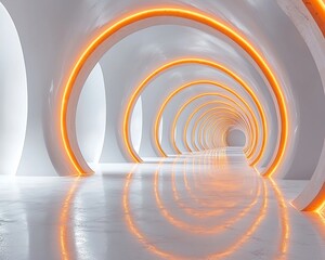 Naklejka premium Futuristic white tunnel with orange neon lights.