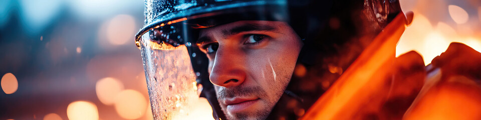 Firefighter Portrait with Helmet and Fire Background