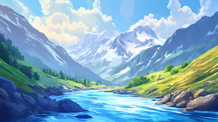 Azure river in caucasus mountains. spectacular summer scene of upper svaneti, georgia, europe.beauty of nature concept background. Sapphire River. Illustration