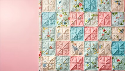 Fototapeta premium Soft pastel patchwork quilt displays intricate stitching patterns. Floral prints in light pastel colors on square sections arranged on light solid background. Handcrafted quilt exhibits delicate