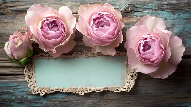 Pink Roses and a Pastel Blue Note on Rustic Wood