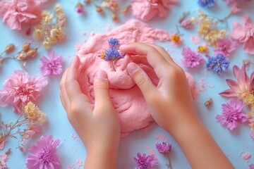 A pair of small hands grasping a ball of pink play dough, ready for creative play