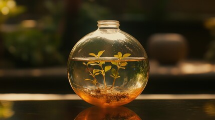Small plants in a round glass vase, sitting on a dark surface, backlit by sunlight.