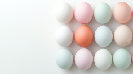 Pastel Easter eggs arranged on white background; spring holiday; food photography