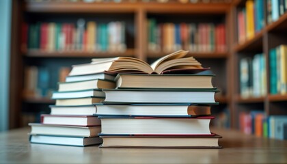 Books stacked on table in library. Many books visible in different colors, sizes. Open book on top. Interior shot of study space. Educational resources available. Knowledge gathering concept.