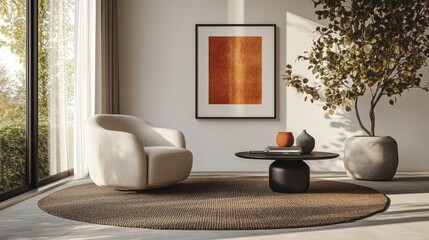 Cozy modern interior design with minimalistic furniture and art