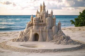 A highly detailed sand sculpture of a mythical castle stands majestically on the beach at sunset, surrounded by gentle waves and a serene landscape, showcasing artistic talent and beach vibes