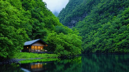 Obraz premium Secluded cabin by tranquil lake, lush green valley backdrop, peaceful escape
