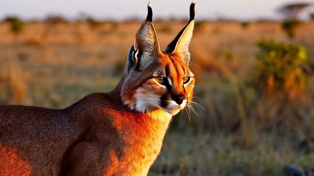 Majestic Caracal Roaming Through Golden Grasslands at Sunset Showcasing Beauty of Wildlife