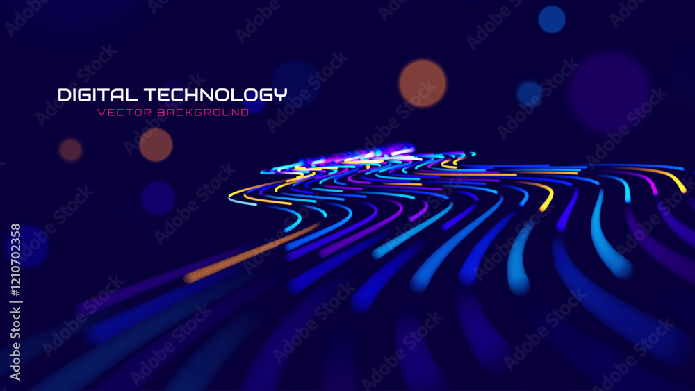 Poster High Speed Light Particles Internet Data Cloud Technology Background. Digital Road Fast Speed Internet Broadband Data Flow Concept. Science Tech Research Presentation Bg. Vector Illustration.