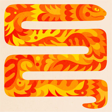 Fiery mythical snake. Bright ethnic illustration with pattern. Bright orange spirit of fire.