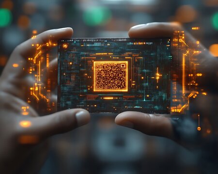 Illuminated QR Code with Digital Network and Data Visualizations